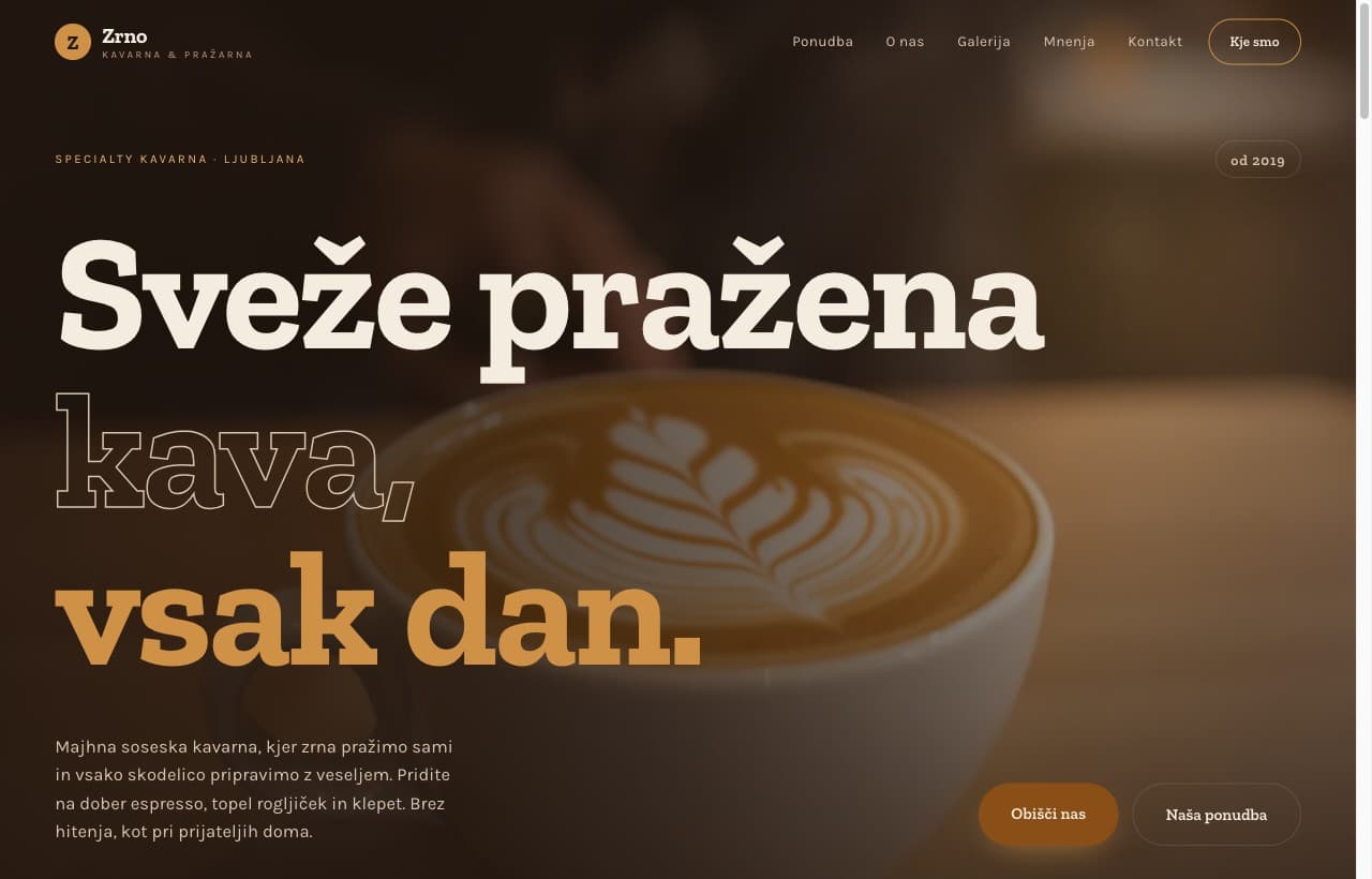 Kavarna Zrno, primer spletne strani MojaStran